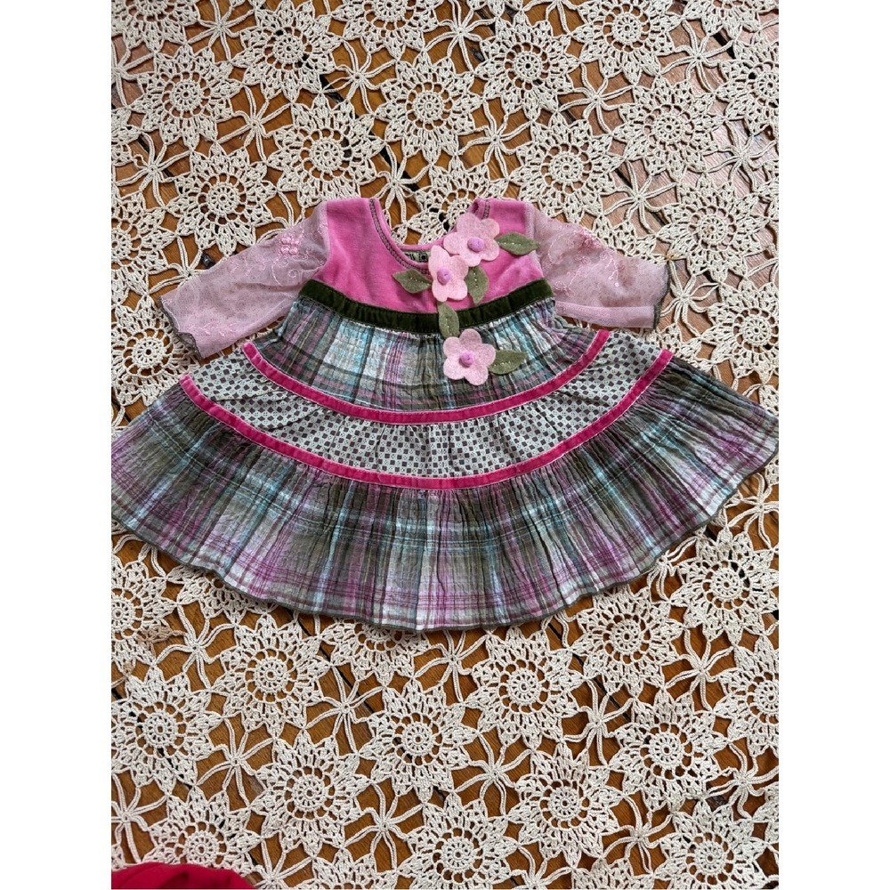 Little‎ Mass Dress Plaid Floral Applique Long Sleeve Pink Velvet 6M